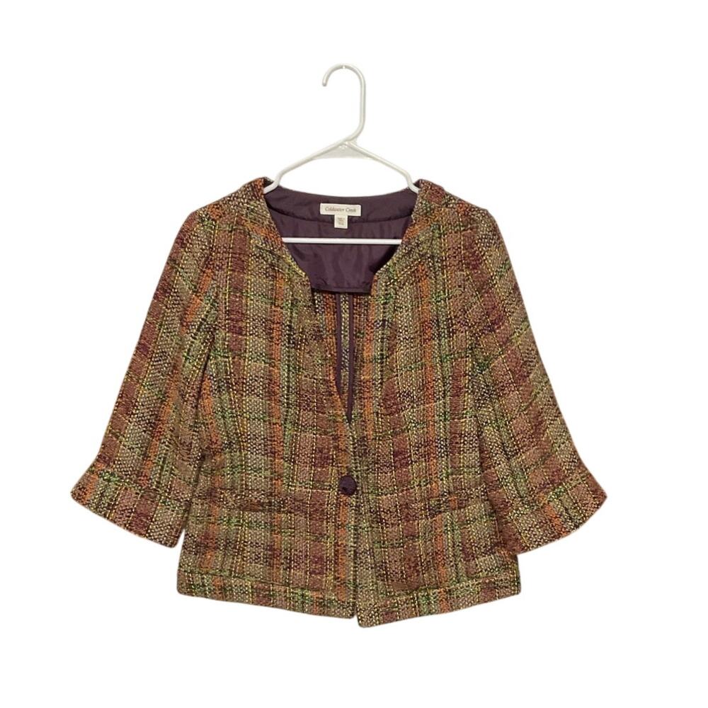 Coldwater Creek Colorful Plaid Tweed Jacket Blazer Size 14P Large Wool Blend